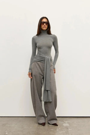 Isley Top Light Grey Marle by Bayse – ruched fitted top with high neckline and extended waist tie detail.