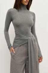 Isley Top Light Grey Marle by Bayse – ruched fitted top with high neckline and extended waist tie detail.