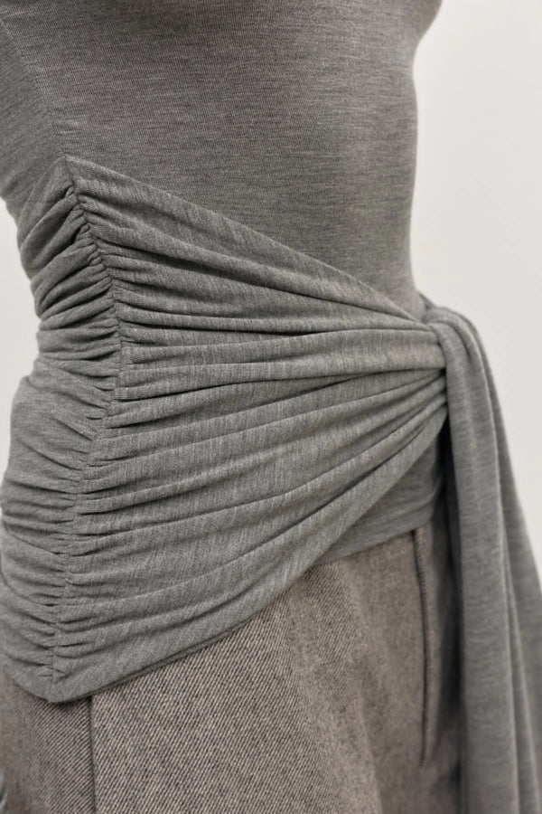 Isley Top Light Grey Marle by Bayse – ruched fitted top with high neckline and extended waist tie detail.