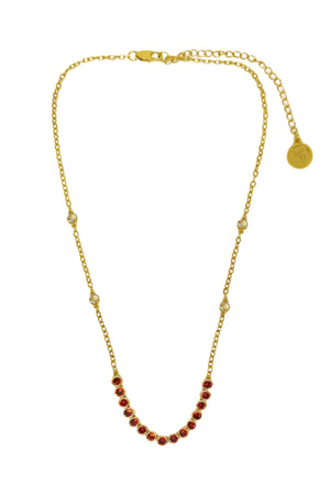 Ivy Necklace by Mountain and Moon — a gold garnet-CZ tennis necklace with vintage bezels and ball-work chain, perfect for bold elegant styling.