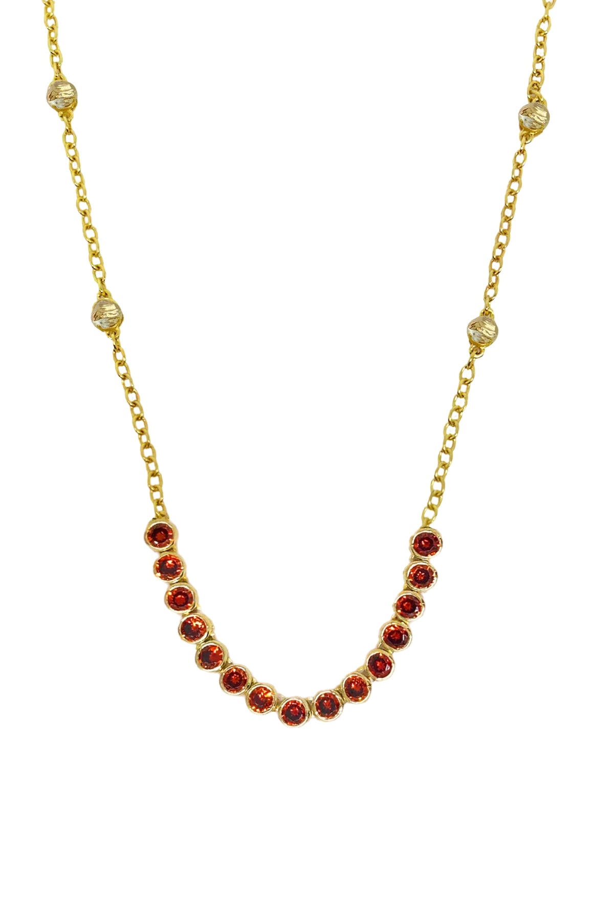 Ivy Necklace by Mountain and Moon — a gold garnet-CZ tennis necklace with vintage bezels and ball-work chain, perfect for bold elegant styling.