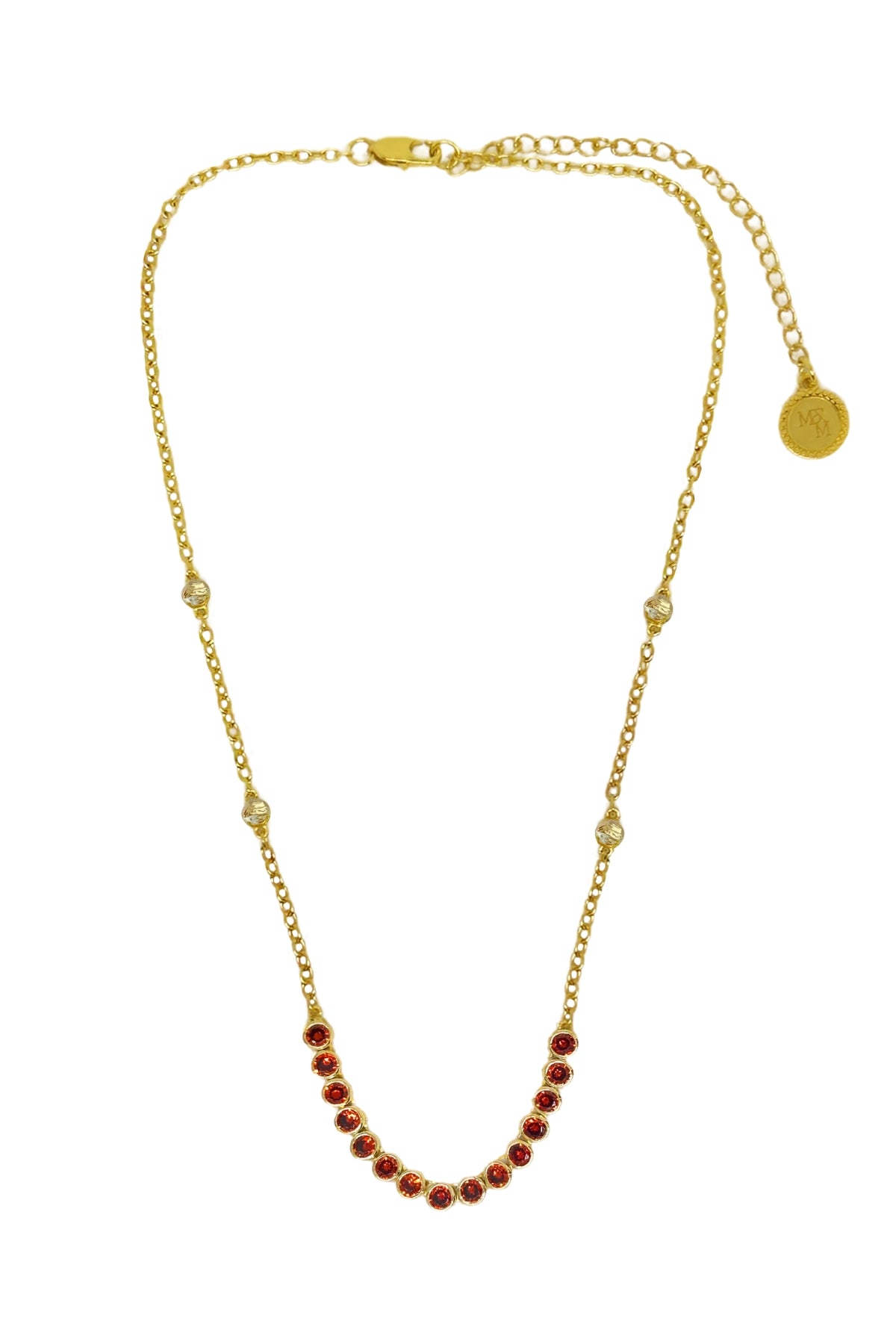 Ivy Necklace by Mountain and Moon — a gold garnet-CZ tennis necklace with vintage bezels and ball-work chain, perfect for bold elegant styling.