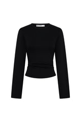 Jaz Crew Neck Ruched Long Sleeve Top Black by Sneaky Link, ruched stretch top with sculpt fit, perfect for everyday or night styling