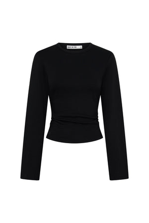 Jaz Crew Neck Ruched Long Sleeve Top Black by Sneaky Link, ruched stretch top with sculpt fit, perfect for everyday or night styling