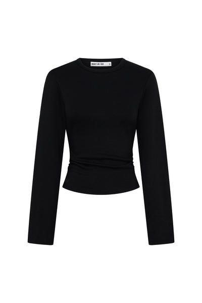 Jaz Crew Neck Ruched Long Sleeve Top Black by Sneaky Link, ruched stretch top with sculpt fit, perfect for everyday or night styling