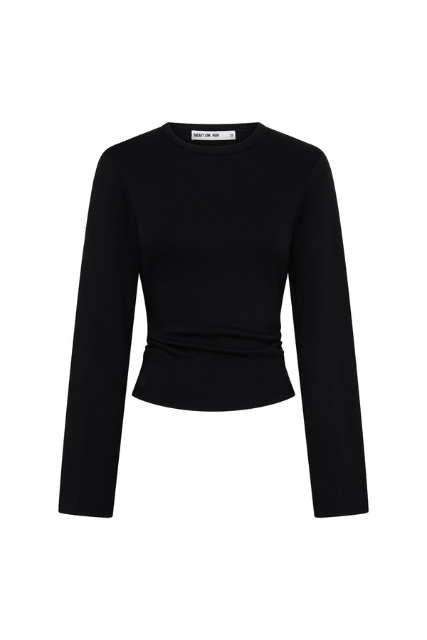 Jaz Crew Neck Ruched Long Sleeve Top Black by Sneaky Link, ruched stretch top with sculpt fit, perfect for everyday or night styling