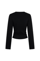 Jaz Crew Neck Ruched Long Sleeve Top Black by Sneaky Link, ruched stretch top with sculpt fit, perfect for everyday or night styling