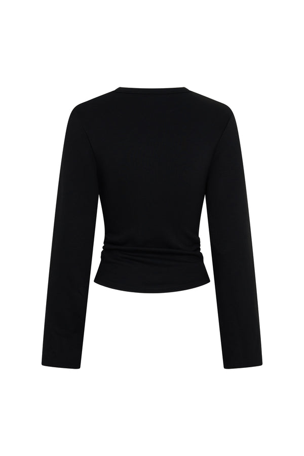Jaz Crew Neck Ruched Long Sleeve Top Black by Sneaky Link, ruched stretch top with sculpt fit, perfect for everyday or night styling