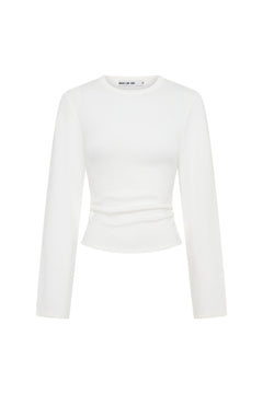 Jaz Crew Neck Ruched Long Sleeve Top White by Sneaky Link, ruched stretch top with sculpt fit, perfect for day or night styling