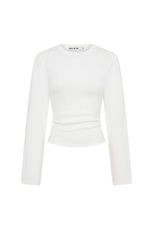 Jaz Crew Neck Ruched Long Sleeve Top White by Sneaky Link, ruched stretch top with sculpt fit, perfect for day or night styling