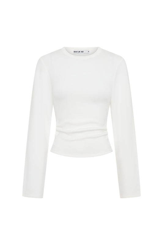 Jaz Crew Neck Ruched Long Sleeve Top White by Sneaky Link, ruched stretch top with sculpt fit, perfect for day or night styling