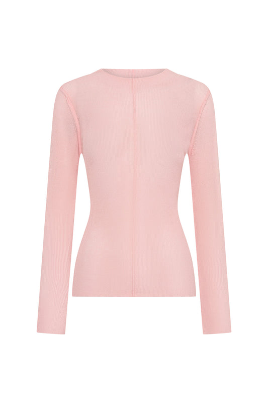 Light pink Jaz fine knit sheer long sleeve top with a delicate, lightweight texture and fitted silhouette.