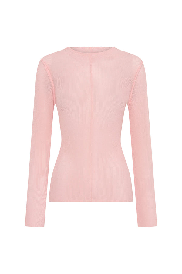 Light pink Jaz fine knit sheer long sleeve top with a delicate, lightweight texture and fitted silhouette.