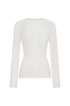 Jaz Fine Knit Sheer Long Sleeve Top White by Sneaky Link, sheer knit top with high neck and long sleeves, perfect for layering or nights out