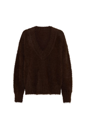 Jaz Fluffy V Neck Knit in Chocolate with a soft fluffy texture, relaxed fit, and deep V neckline creating a cosy, draped silhouette with a warm, elevated feel.