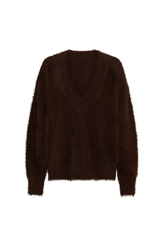 Jaz Fluffy V Neck Knit in Chocolate with a soft fluffy texture, relaxed fit, and deep V neckline creating a cosy, draped silhouette with a warm, elevated feel.