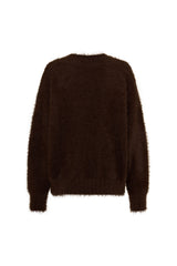 Jaz Fluffy V Neck Knit in Chocolate with a soft fluffy texture, relaxed fit, and deep V neckline creating a cosy, draped silhouette with a warm, elevated feel.