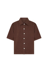 Jaz Hand Denim Shirt Chocolate by Sneaky Link – a button-up denim shirt with collar and short sleeves. Perfect for elevated styling.
