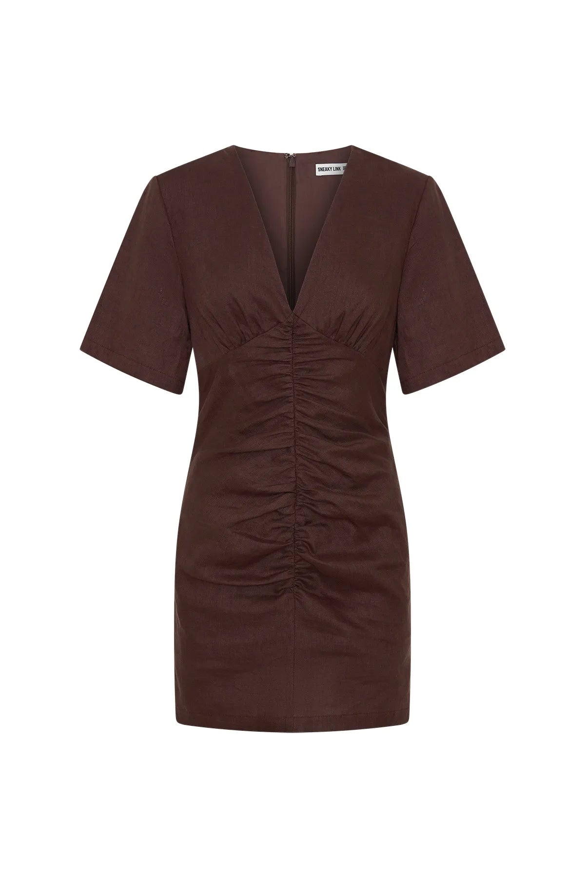 Sneaky Link | Jaz Hand Linen Ruched Mini Dress Chocolate