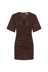 Jaz Hand Linen Ruched Mini Dress Chocolate by Sneaky Link – a fitted linen mini with V-neck and ruching. Perfect for day-to-night styling.