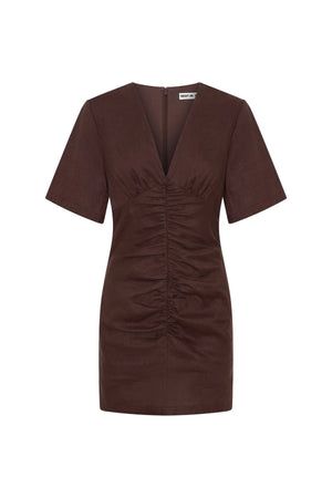 Jaz Hand Linen Ruched Mini Dress Chocolate