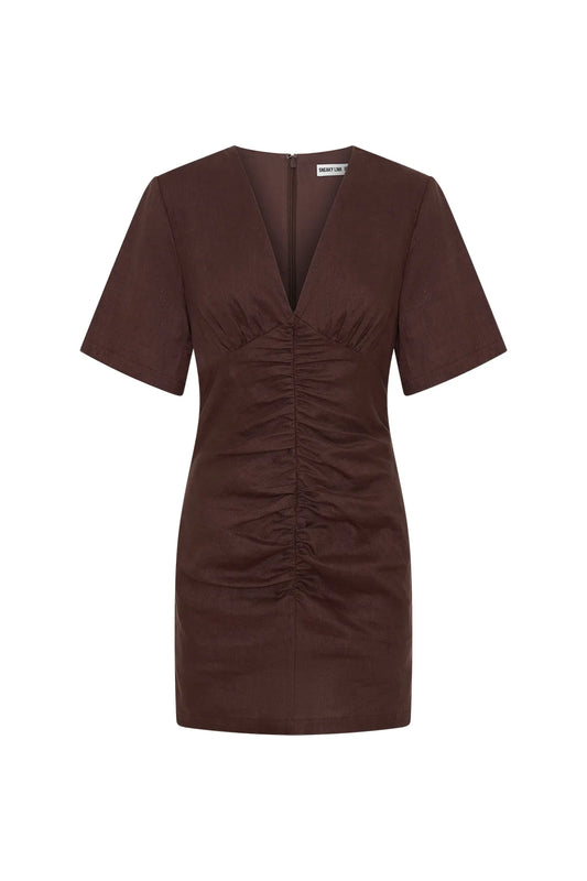 Jaz Hand Linen Ruched Mini Dress Chocolate