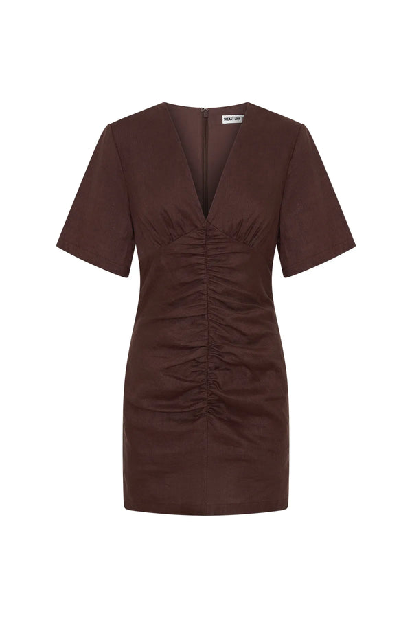 Jaz Hand Linen Ruched Mini Dress Chocolate