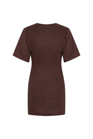 Jaz Hand Linen Ruched Mini Dress Chocolate