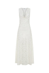 Jaz Hand Lace Maxi Dress White by Sneaky Link – a lace maxi with cowl neckline and soft drape. Perfect for elegant occasions.