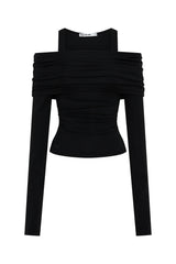Jaz Layered Long Sleeve Top in Black with a soft off shoulder layered neckline and fitted long sleeves, creating a smooth, sculpted silhouette with a clean, modern edge.