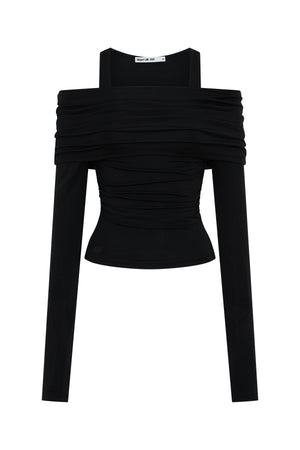 Jaz Layered Long Sleeve Top in Black with a soft off shoulder layered neckline and fitted long sleeves, creating a smooth, sculpted silhouette with a clean, modern edge.