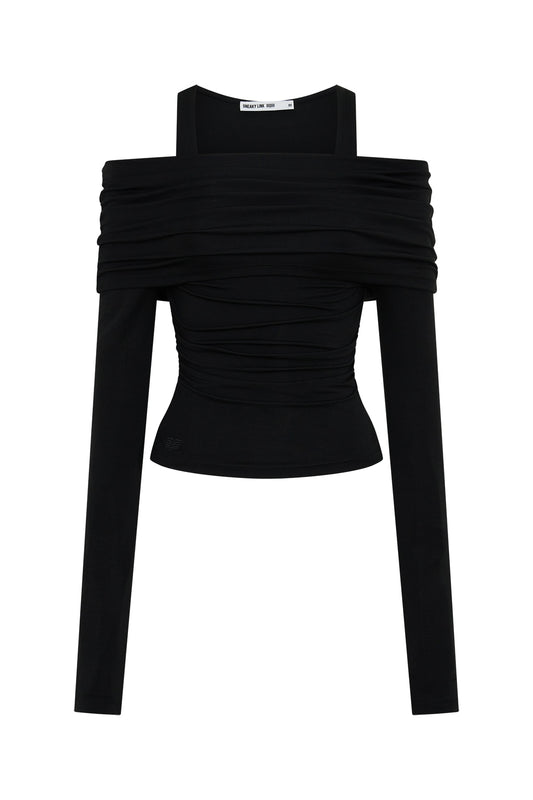 Jaz Layered Long Sleeve Top in Black with a soft off shoulder layered neckline and fitted long sleeves, creating a smooth, sculpted silhouette with a clean, modern edge.