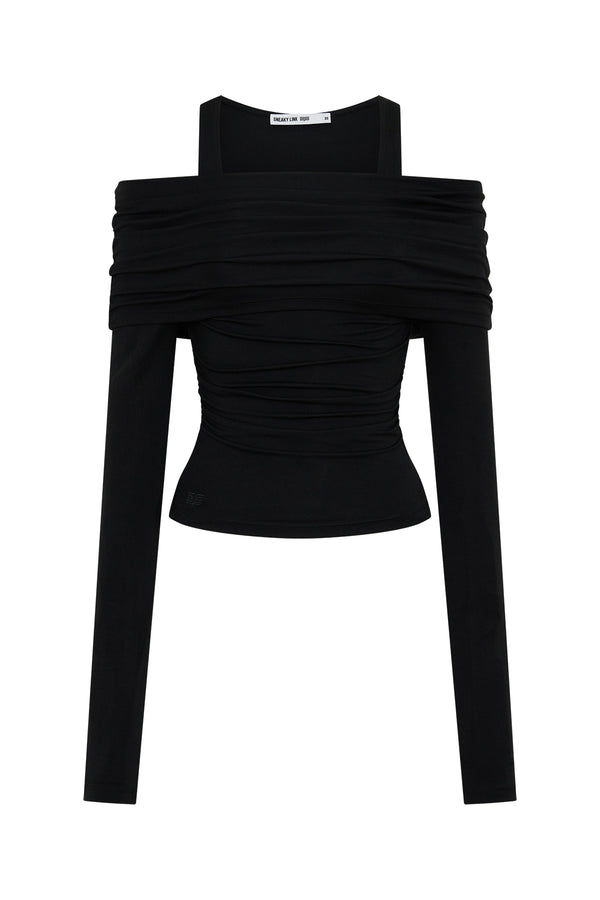 Jaz Layered Long Sleeve Top in Black with a soft off shoulder layered neckline and fitted long sleeves, creating a smooth, sculpted silhouette with a clean, modern edge.