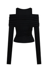 Jaz Layered Long Sleeve Top in Black with a soft off shoulder layered neckline and fitted long sleeves, creating a smooth, sculpted silhouette with a clean, modern edge.