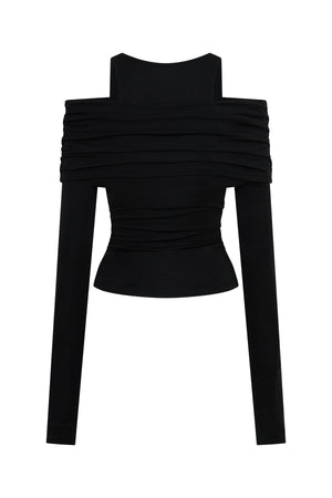 Jaz Layered Long Sleeve Top in Black with a soft off shoulder layered neckline and fitted long sleeves, creating a smooth, sculpted silhouette with a clean, modern edge.