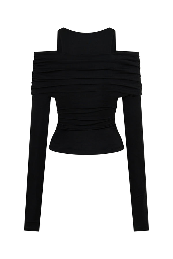 Jaz Layered Long Sleeve Top in Black with a soft off shoulder layered neckline and fitted long sleeves, creating a smooth, sculpted silhouette with a clean, modern edge.