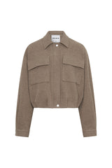 Jaz Lounge Bomber Jacket in oat marle color with ribbed cuffs and collar, front zipper, and relaxed fit.