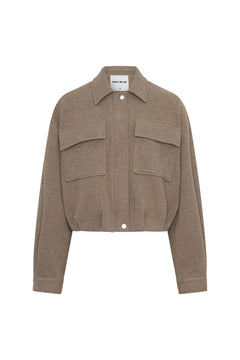 Jaz Lounge Bomber Jacket in oat marle color with ribbed cuffs and collar, front zipper, and relaxed fit.