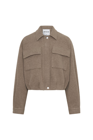 Jaz Lounge Bomber Jacket in oat marle color with ribbed cuffs and collar, front zipper, and relaxed fit.