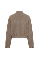Jaz Lounge Bomber Jacket in oat marle color with ribbed cuffs and collar, front zipper, and relaxed fit.