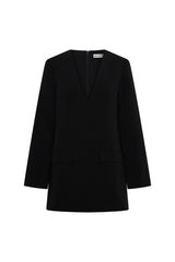 Jaz Suiting Long Sleeve Mini Dress in Black with a deep V neckline and structured fit, creating a sharp, sculpted mini silhouette with a clean, tailored finish.
