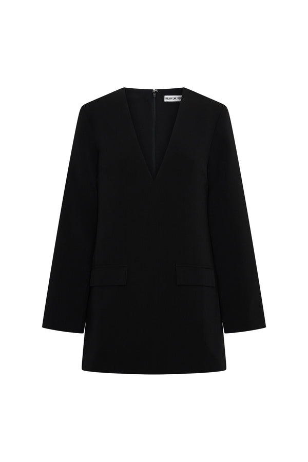 Jaz Suiting Long Sleeve Mini Dress in Black with a deep V neckline and structured fit, creating a sharp, sculpted mini silhouette with a clean, tailored finish.