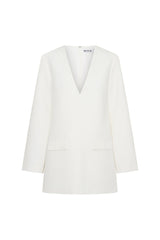 Jaz Suiting Long Sleeve Mini Dress White by Sneaky Link, deep V mini dress with long sleeves, perfect for day to night styling