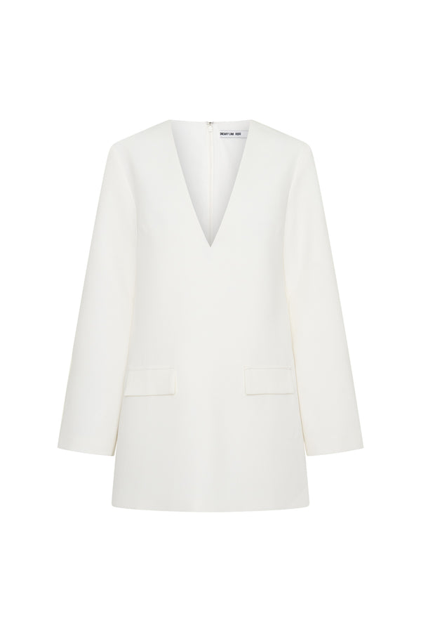 Jaz Suiting Long Sleeve Mini Dress White by Sneaky Link, deep V mini dress with long sleeves, perfect for day to night styling