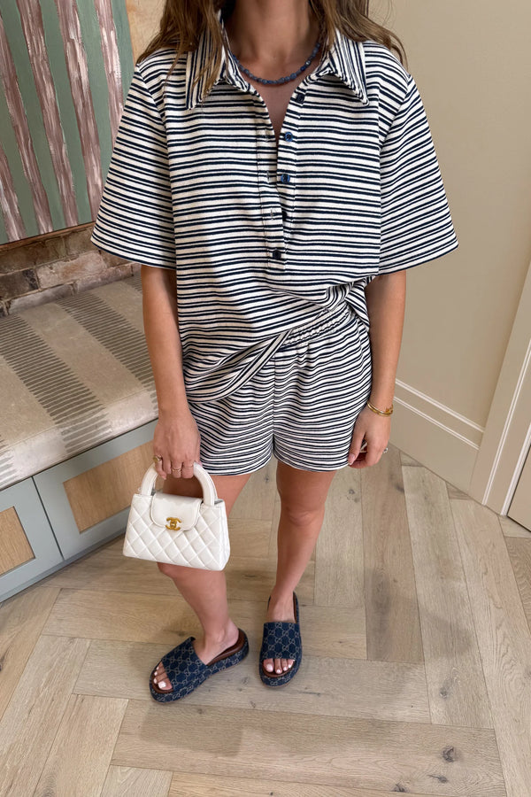 Jagger Towelling Shirt Navy Stripe by Sneaky Link, striped towelling shirt with relaxed fit. Perfect for summer styling or beach days.