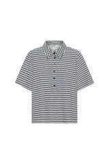 Jagger Towelling Shirt Navy Stripe by Sneaky Link, striped towelling shirt with relaxed fit. Perfect for summer styling or beach days.
