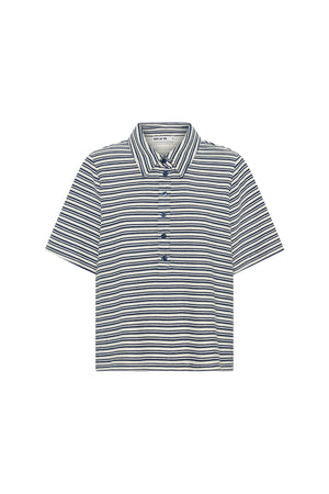 Jagger Towelling Shirt Navy Stripe by Sneaky Link, striped towelling shirt with relaxed fit. Perfect for summer styling or beach days.