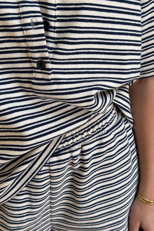Jagger Towelling Shirt Navy Stripe by Sneaky Link, striped towelling shirt with relaxed fit. Perfect for summer styling or beach days.
