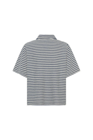 Jagger Towelling Shirt Navy Stripe by Sneaky Link, striped towelling shirt with relaxed fit. Perfect for summer styling or beach days.