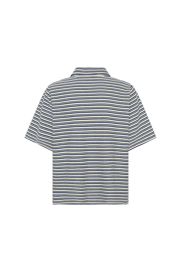 Jagger Towelling Shirt Navy Stripe by Sneaky Link, striped towelling shirt with relaxed fit. Perfect for summer styling or beach days.